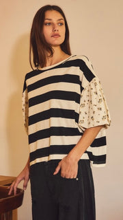 Floral Bubble Sleeve Stripe Top