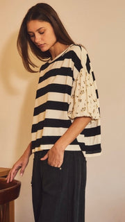 Floral Bubble Sleeve Stripe Top