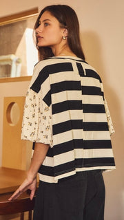 Floral Bubble Sleeve Stripe Top