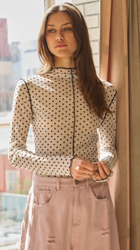 Polka Dot Mesh Long Slv Top