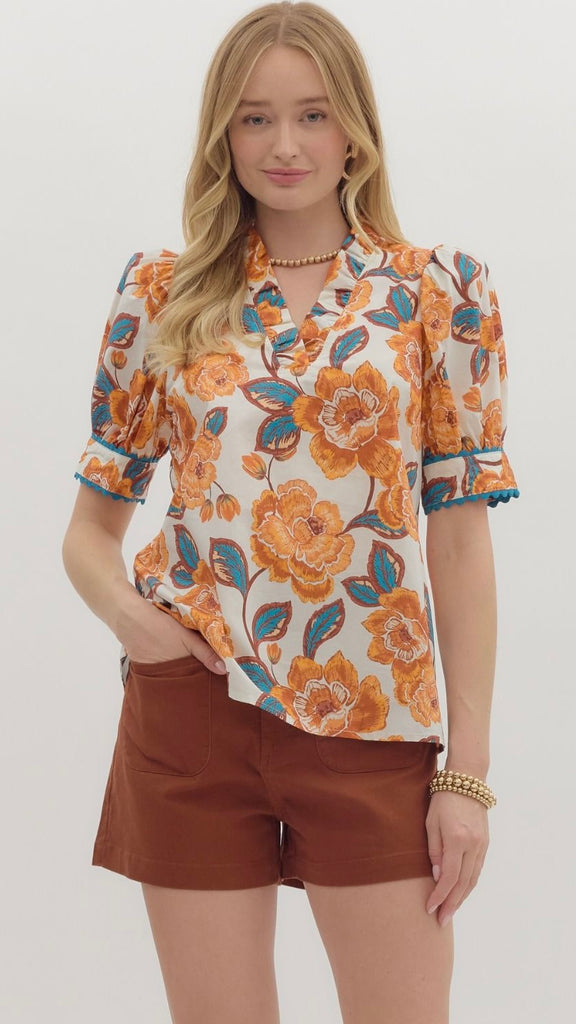 Floral Ruffle V-Neck Puff Shoulder Top