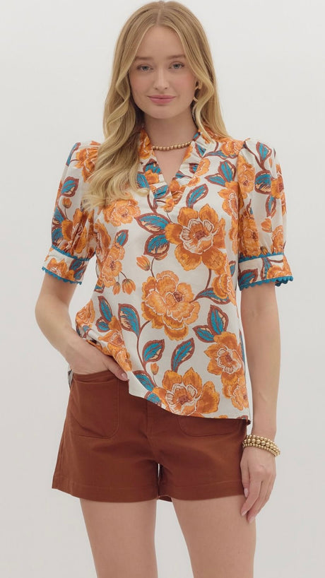 Floral Ruffle V-Neck Puff Shoulder Top