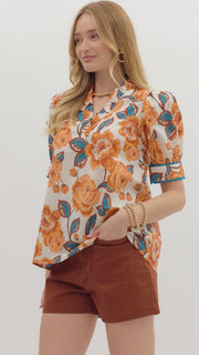 Floral Ruffle V-Neck Puff Shoulder Top