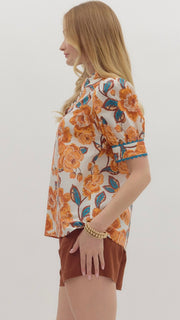 Floral Ruffle V-Neck Puff Shoulder Top