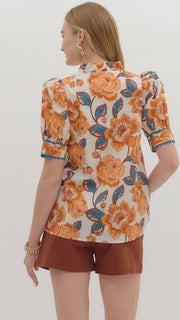 Floral Ruffle V-Neck Puff Shoulder Top