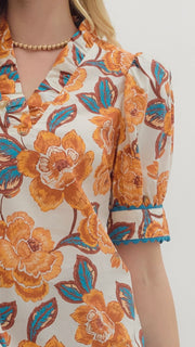 Floral Ruffle V-Neck Puff Shoulder Top