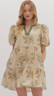 Floral Stems Puff Short Sleeve Dress