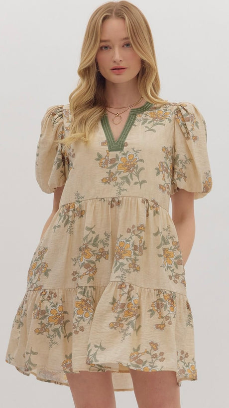 Floral Stems Puff Short Sleeve Dress