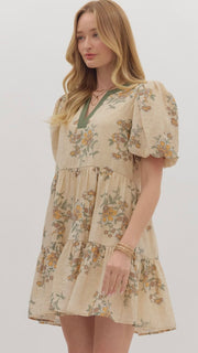 Floral Stems Puff Short Sleeve Dress