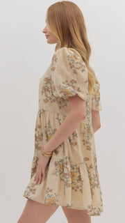 Floral Stems Puff Short Sleeve Dress