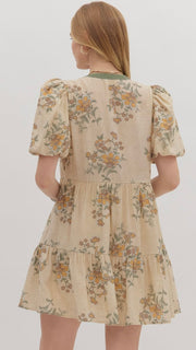 Floral Stems Puff Short Sleeve Dress