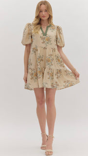 Floral Stems Puff Short Sleeve Dress