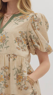 Floral Stems Puff Short Sleeve Dress