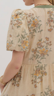 Floral Stems Puff Short Sleeve Dress