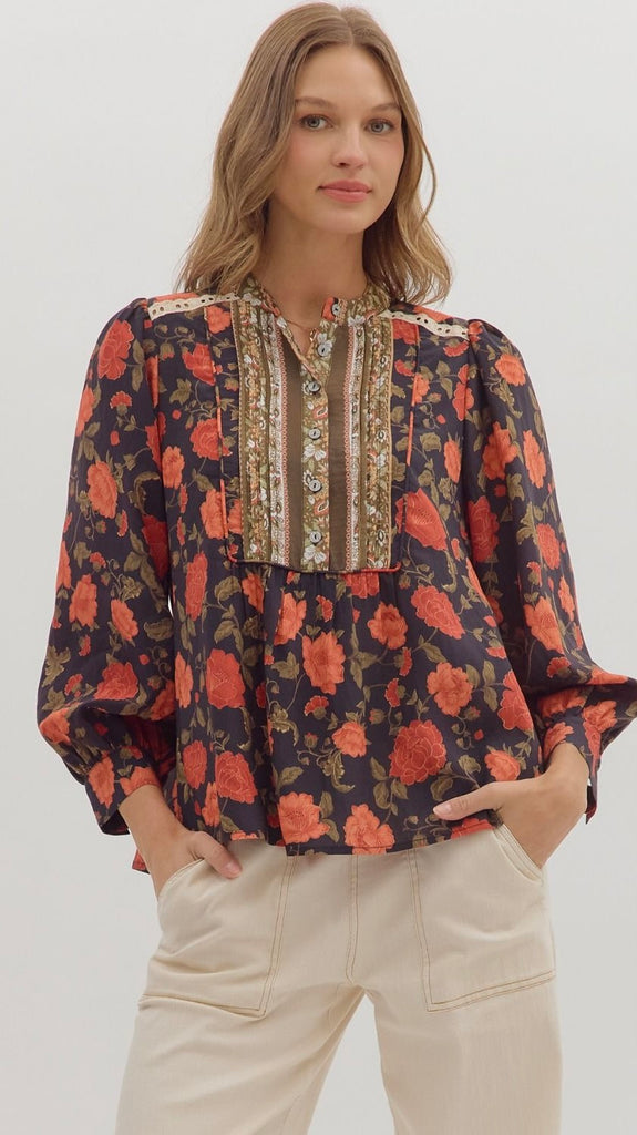 Pintuck Bib Eyelet Trim Floral Top