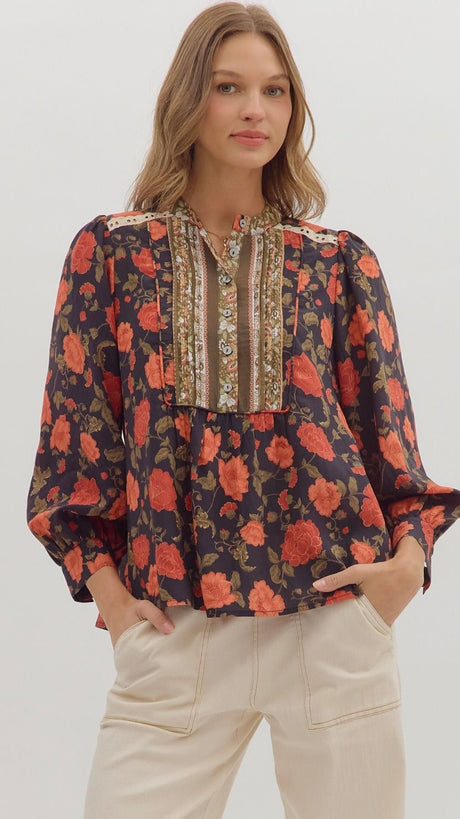Pintuck Bib Eyelet Trim Floral Top