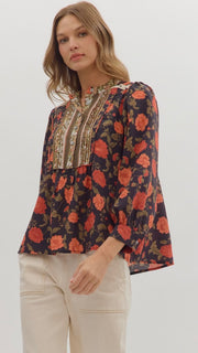 Pintuck Bib Eyelet Trim Floral Top