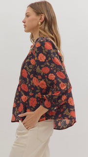 Pintuck Bib Eyelet Trim Floral Top