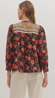 Pintuck Bib Eyelet Trim Floral Top