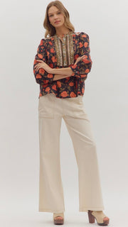 Pintuck Bib Eyelet Trim Floral Top
