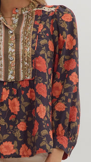 Pintuck Bib Eyelet Trim Floral Top