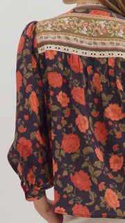 Pintuck Bib Eyelet Trim Floral Top