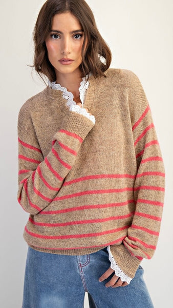 Lace Trim Stripe V-Neck Sweater