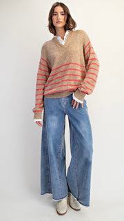 Lace Trim Stripe V-Neck Sweater