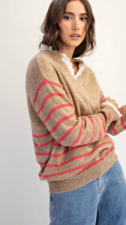 Lace Trim Stripe V-Neck Sweater