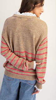 Lace Trim Stripe V-Neck Sweater