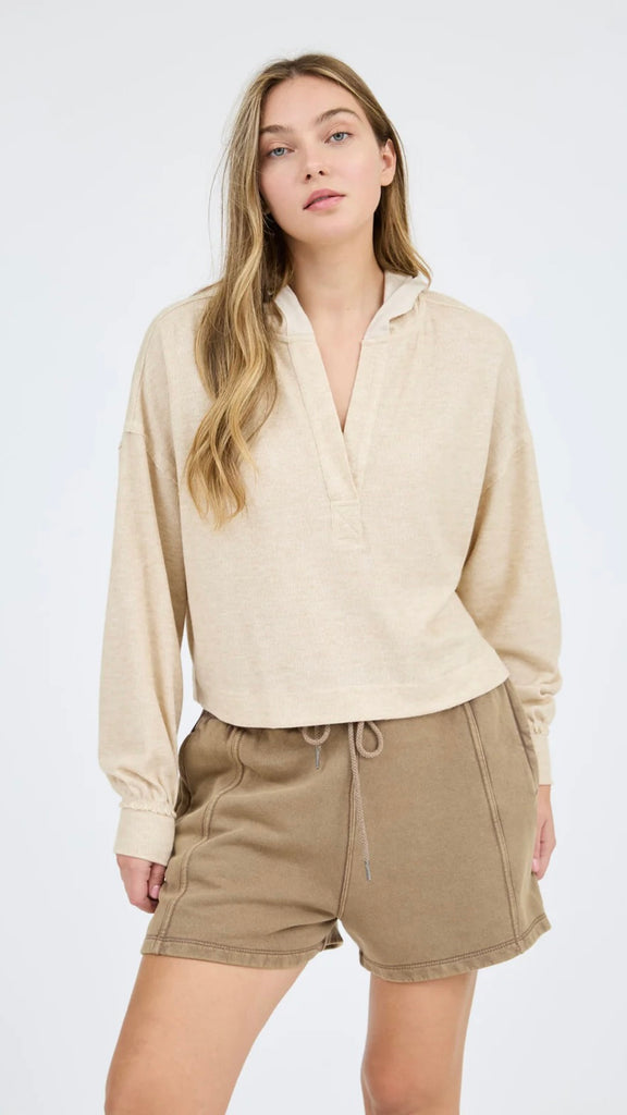 Washed Split Neck Hooded Sweatshirt