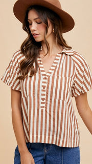 Stripe Puff Sleeve Henley Top