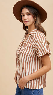Stripe Puff Sleeve Henley Top