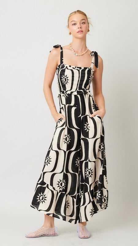 Geo Print Ruffle Hem Wide Leg Jumpsuit