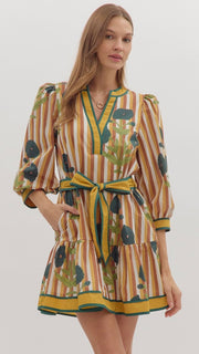 Floral+Stripe 3/4 Slv Dress