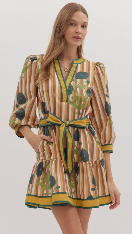 Floral+Stripe 3/4 Slv Dress