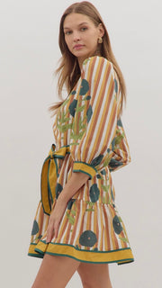 Floral+Stripe 3/4 Slv Dress