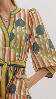 Floral+Stripe 3/4 Slv Dress