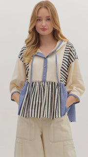 Stripe +Terry Knit 3/4 Sleeve Hoodie