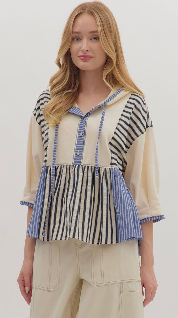 Stripe +Terry Knit 3/4 Sleeve Hoodie