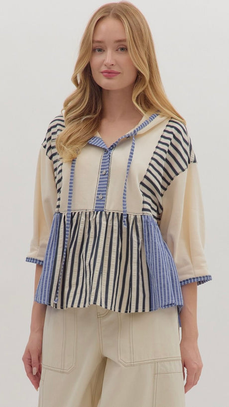 Stripe +Terry Knit 3/4 Sleeve Hoodie