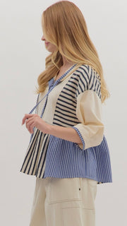 Stripe +Terry Knit 3/4 Sleeve Hoodie