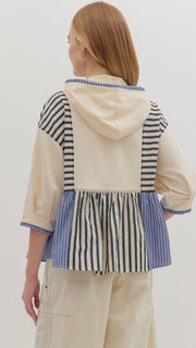 Stripe +Terry Knit 3/4 Sleeve Hoodie