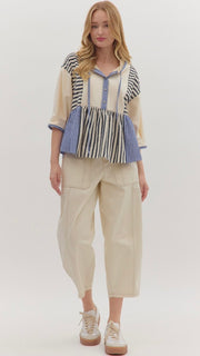 Stripe +Terry Knit 3/4 Sleeve Hoodie
