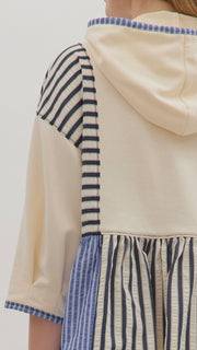 Stripe +Terry Knit 3/4 Sleeve Hoodie