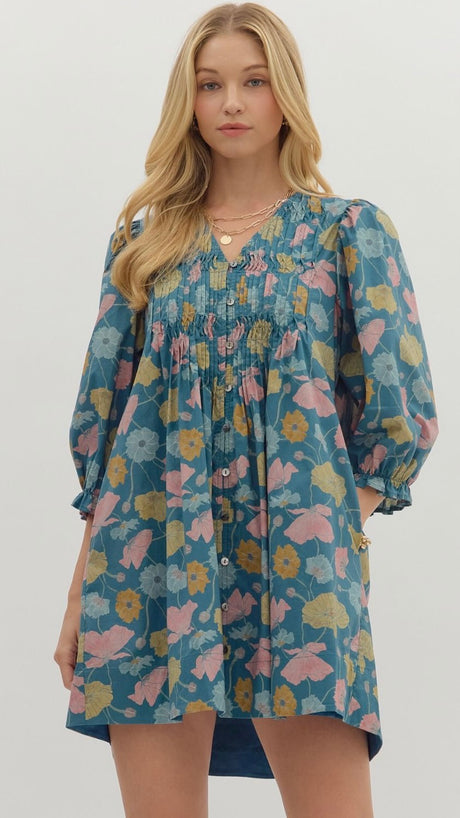 Floral Pleat+Button Babydoll Dress