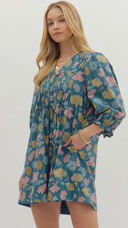 Floral Pleat+Button Babydoll Dress