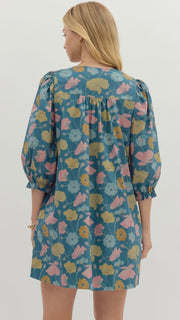Floral Pleat+Button Babydoll Dress