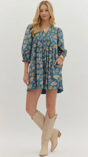Floral Pleat+Button Babydoll Dress