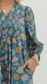Floral Pleat+Button Babydoll Dress